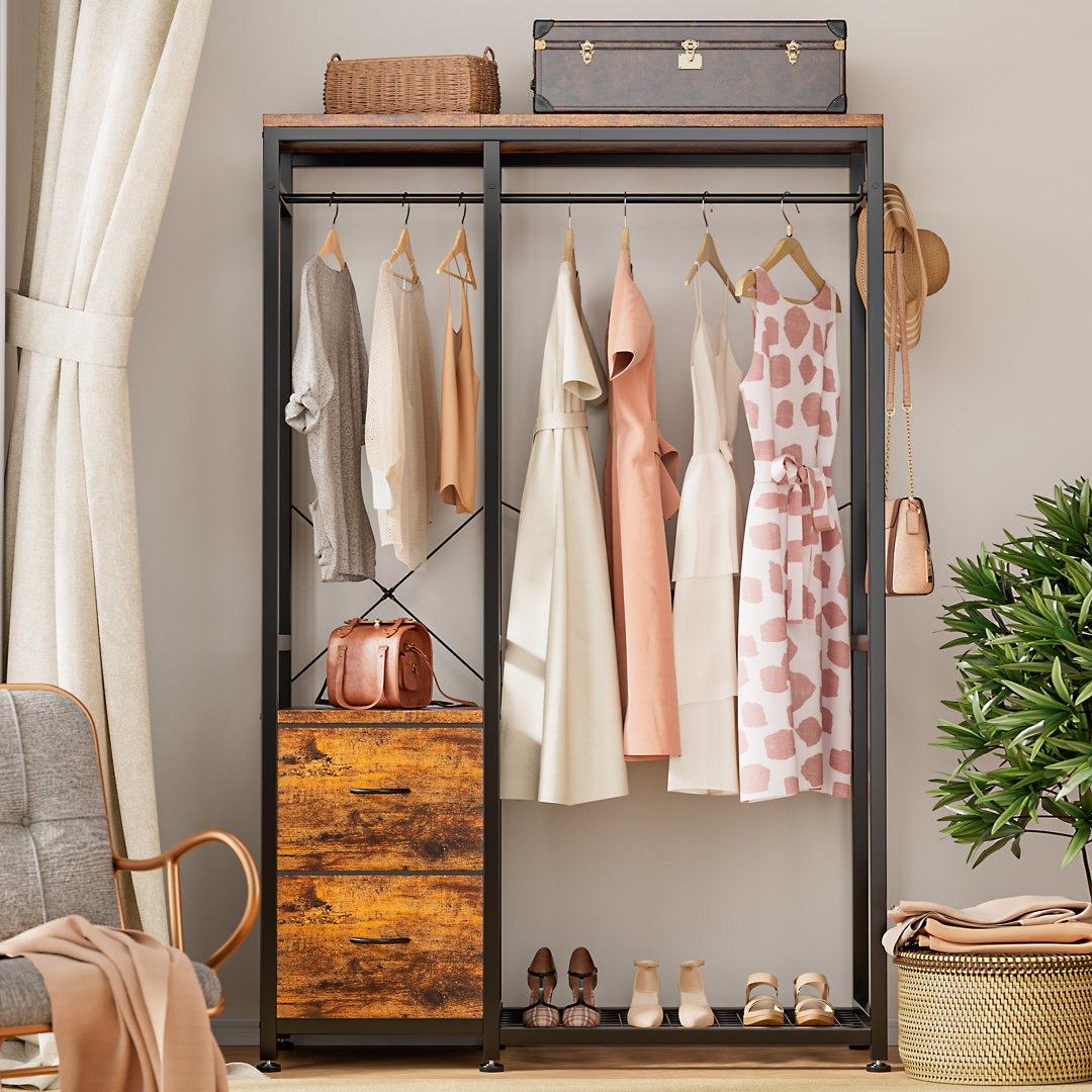 Rylaey 47.24'' Metal Clothes Rack, Heavy Duty Garment Rack for Hanging Clothes, Industrial Clothing Racks with Shelves, 2 Fabric Drawers, 4 Hooks, 2 Hanging Rods, Freestanding Closet Organizer